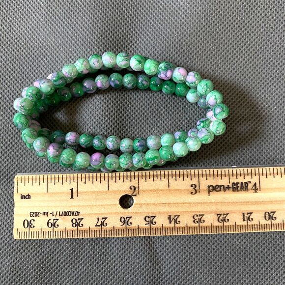 Glass Beads Bracelets Set of 3 Pink Green Marbled Pattern Stretch - Picture 5 of 6